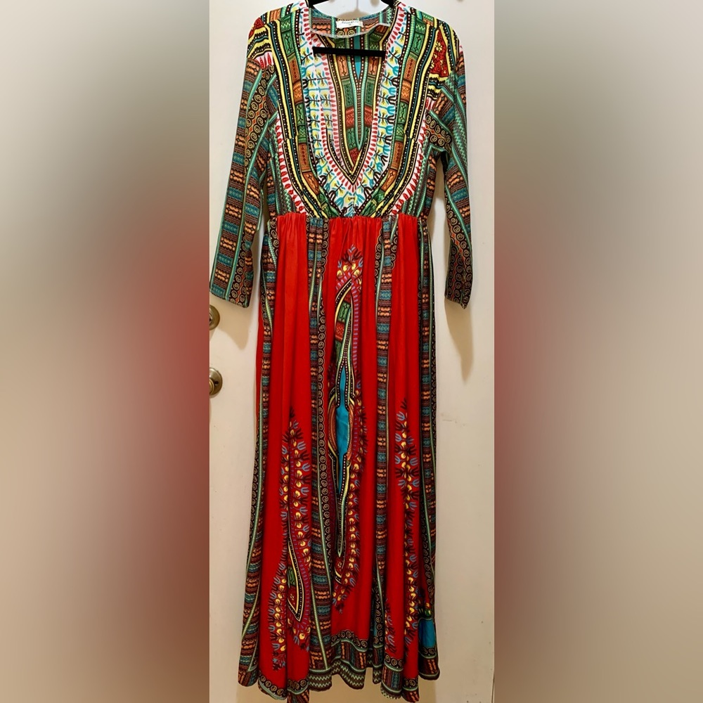 Colours of India Multicolor Dashiki Maxi Asymmetrical Dress V-neck Sz-M/L